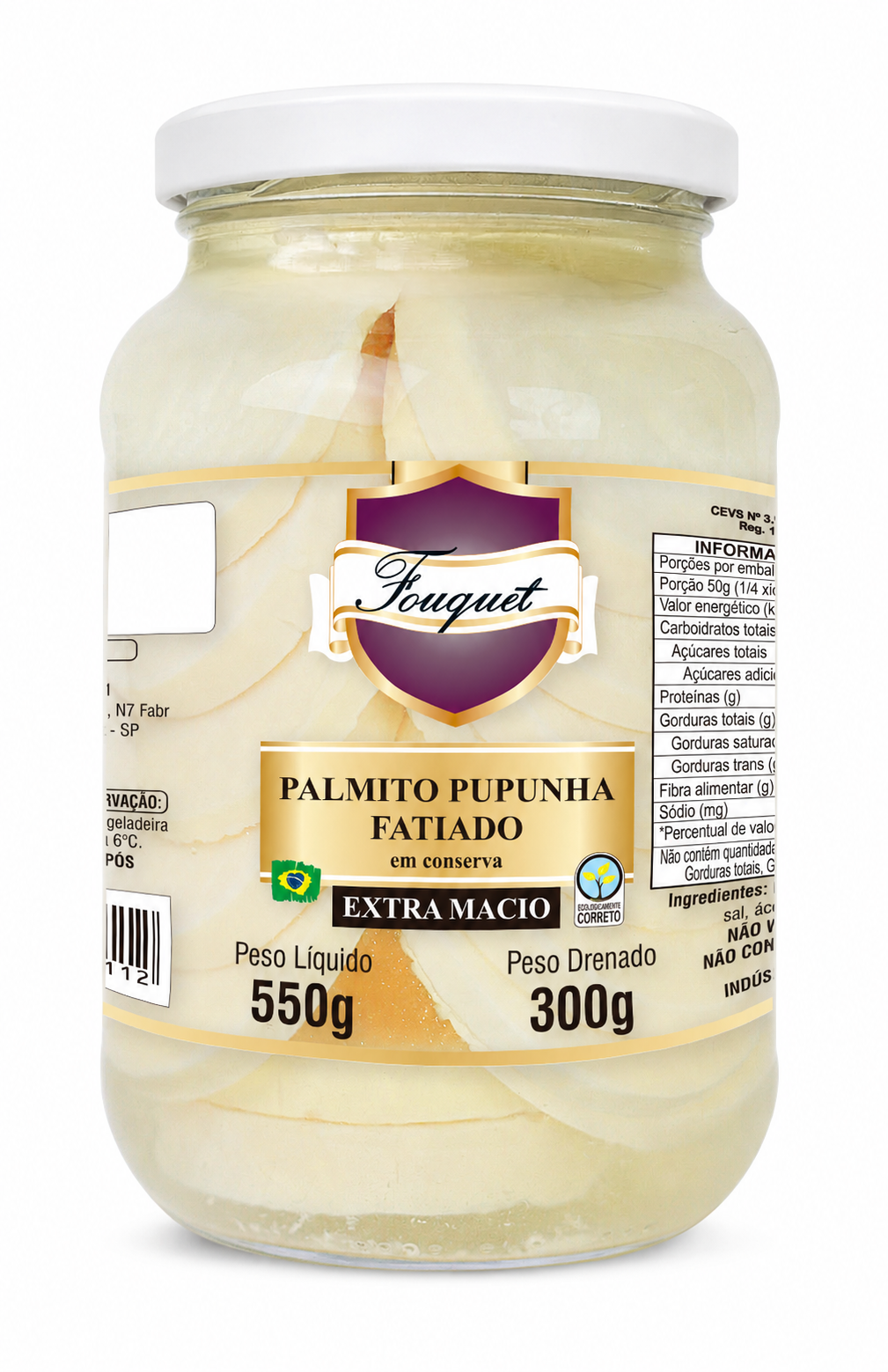 Embalagem de 300 g de palmito pupunha Fouquet no corte Palmito Pupunha Fatiado · 300 g, Linha Varejo