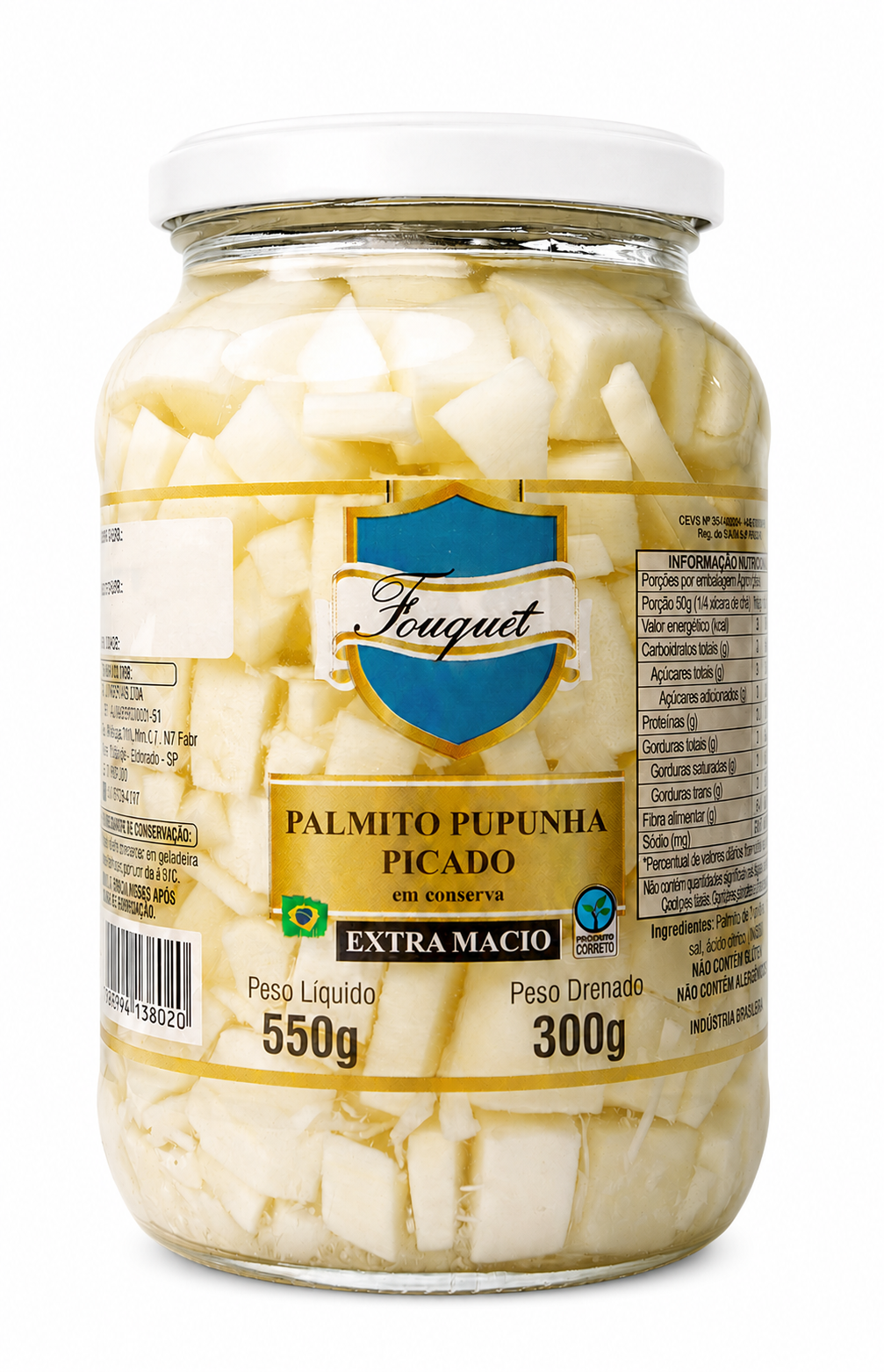 Embalagem de 300 g de palmito pupunha Fouquet no corte Palmito Pupunha Picado · 300 g, Linha Varejo