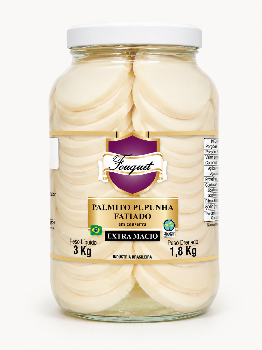 Embalagem de — de palmito pupunha Fouquet no corte Palmito Pupunha Fatiado · 1,8 kg, Linha Varejo