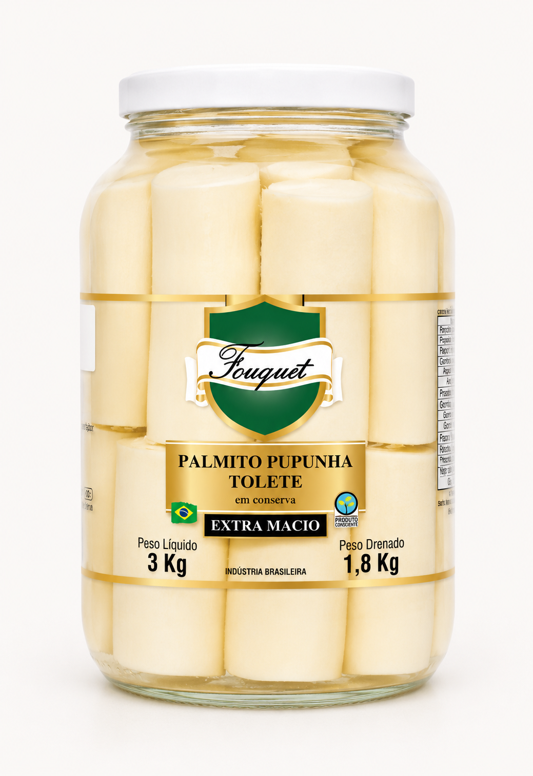 Embalagem de — de palmito pupunha Fouquet no corte Palmito Pupunha Tolete · 1,8 kg, Linha Varejo